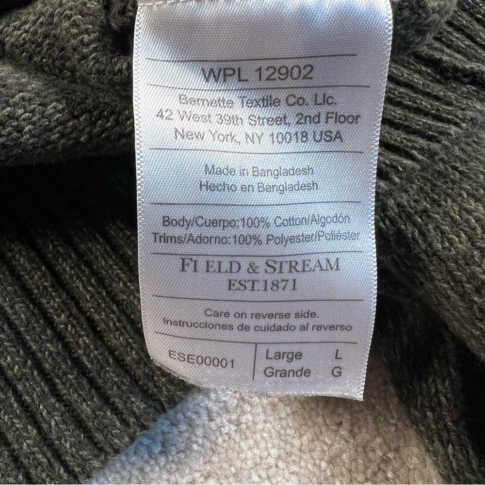 Field & Stream Sweater Quarter Zip Cotton Casual Olive Green Men's Large - Picture 7 of 9